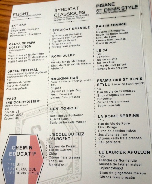 Carte du cocktail bar le Syndicat, à Paris
